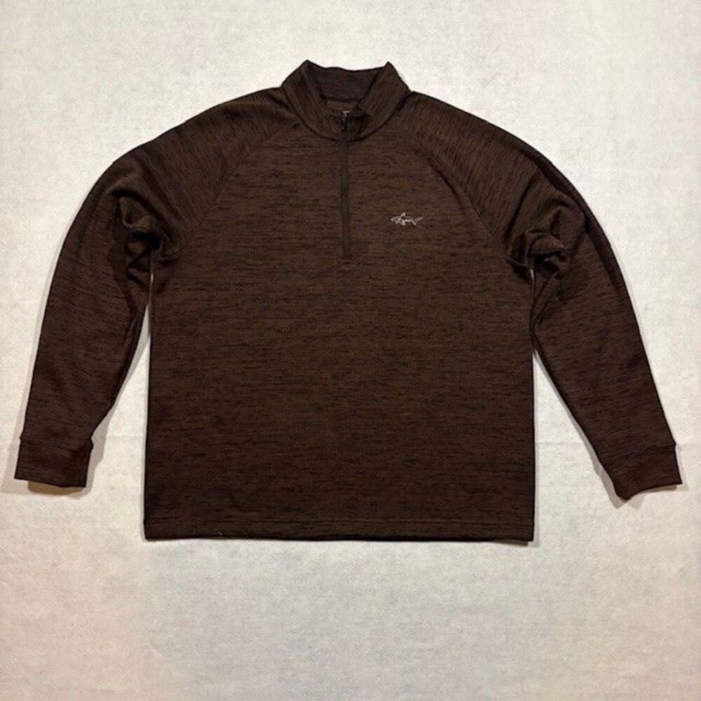 Greg Norman Men Large Brown Heather 1/4 Zip Pullover Golf Performance Shark Logo